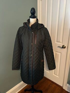Ralph Lauren Black Quilted Hooded Puffer Coat with Brown Trim